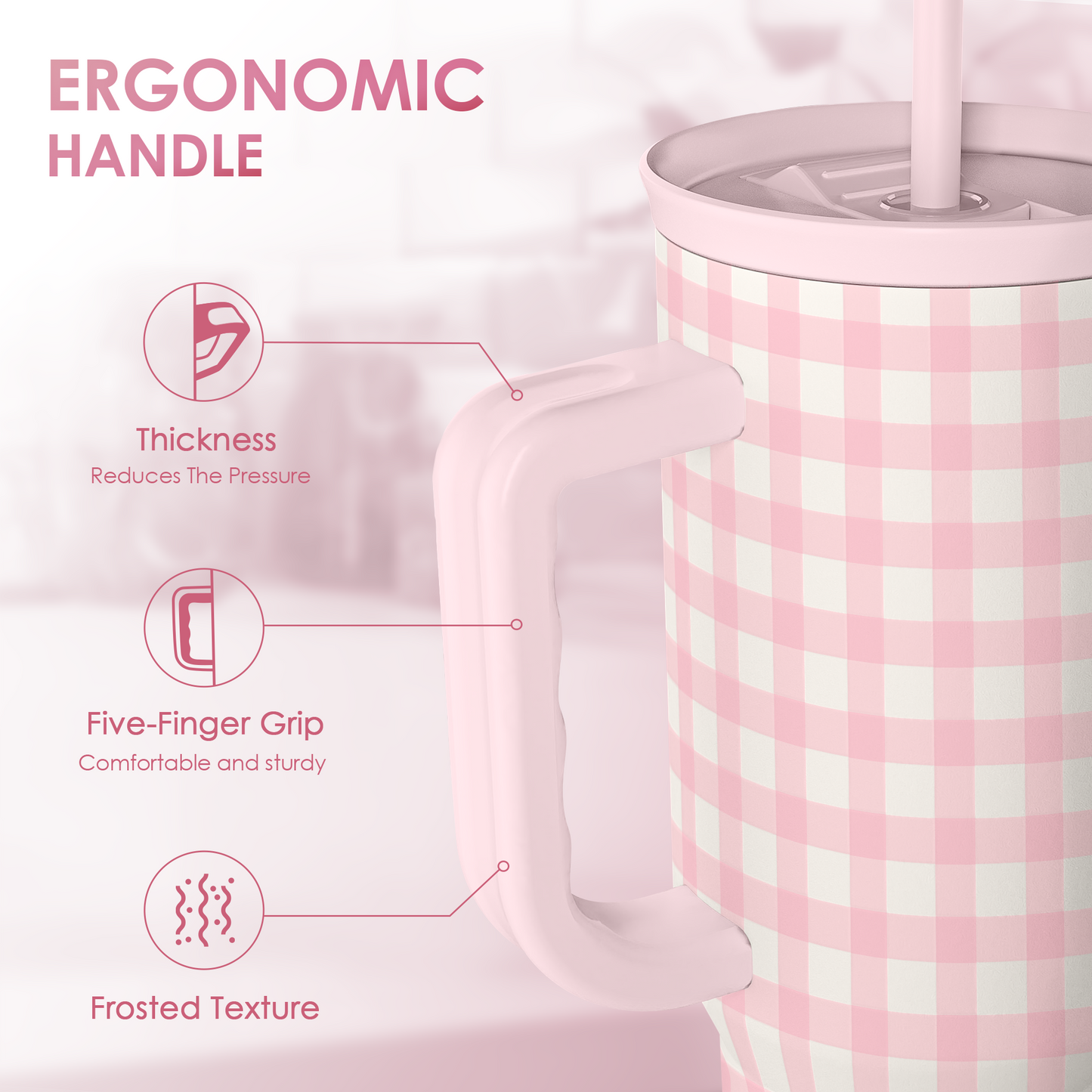 Pink Gingham 40 oz Tumbler with Handle & Straw – Insulated Slider Lid Travel Cup