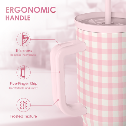 Pink Gingham 40 oz Tumbler with Handle & Straw – Insulated Slider Lid Travel Cup