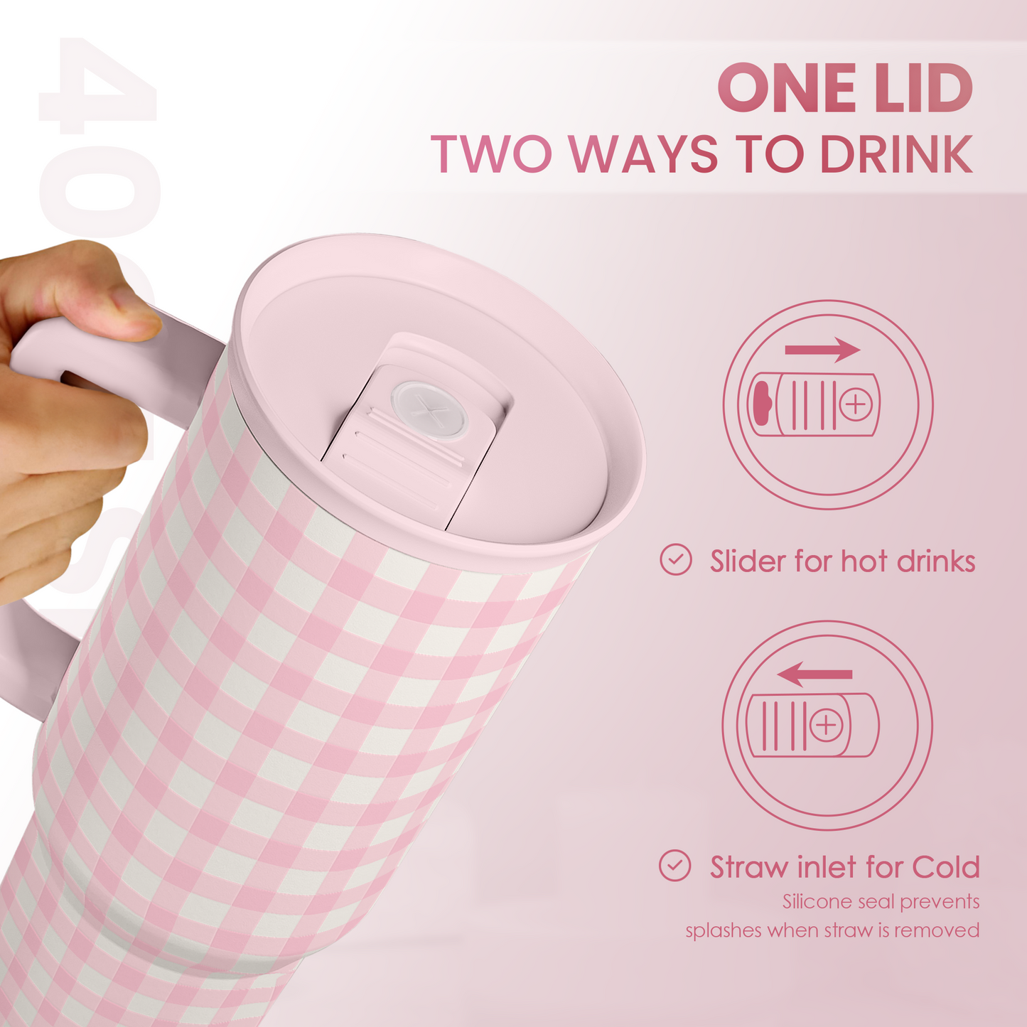 Pink Gingham 40 oz Tumbler with Handle & Straw – Insulated Slider Lid Travel Cup