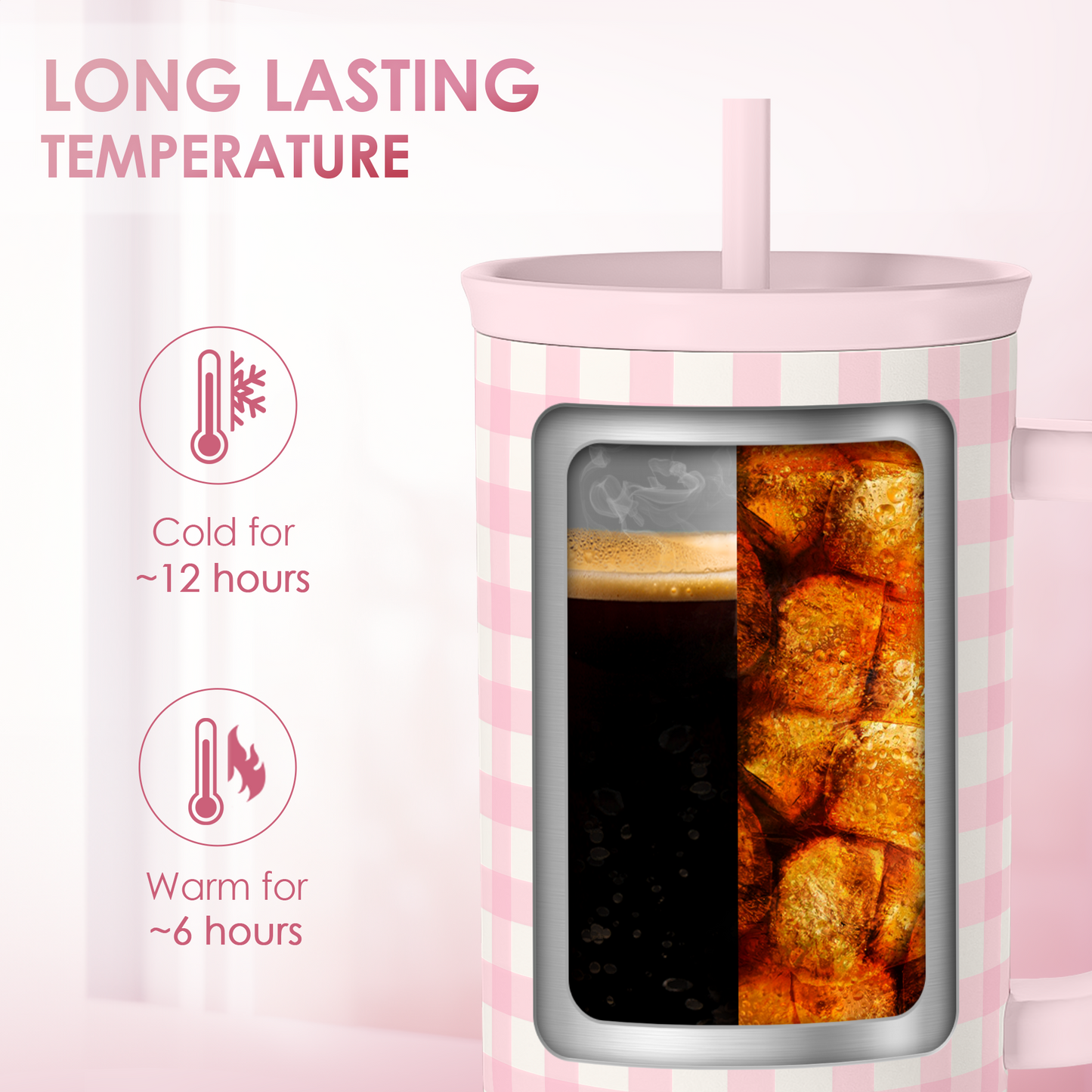 Pink Gingham 40 oz Tumbler with Handle & Straw – Insulated Slider Lid Travel Cup