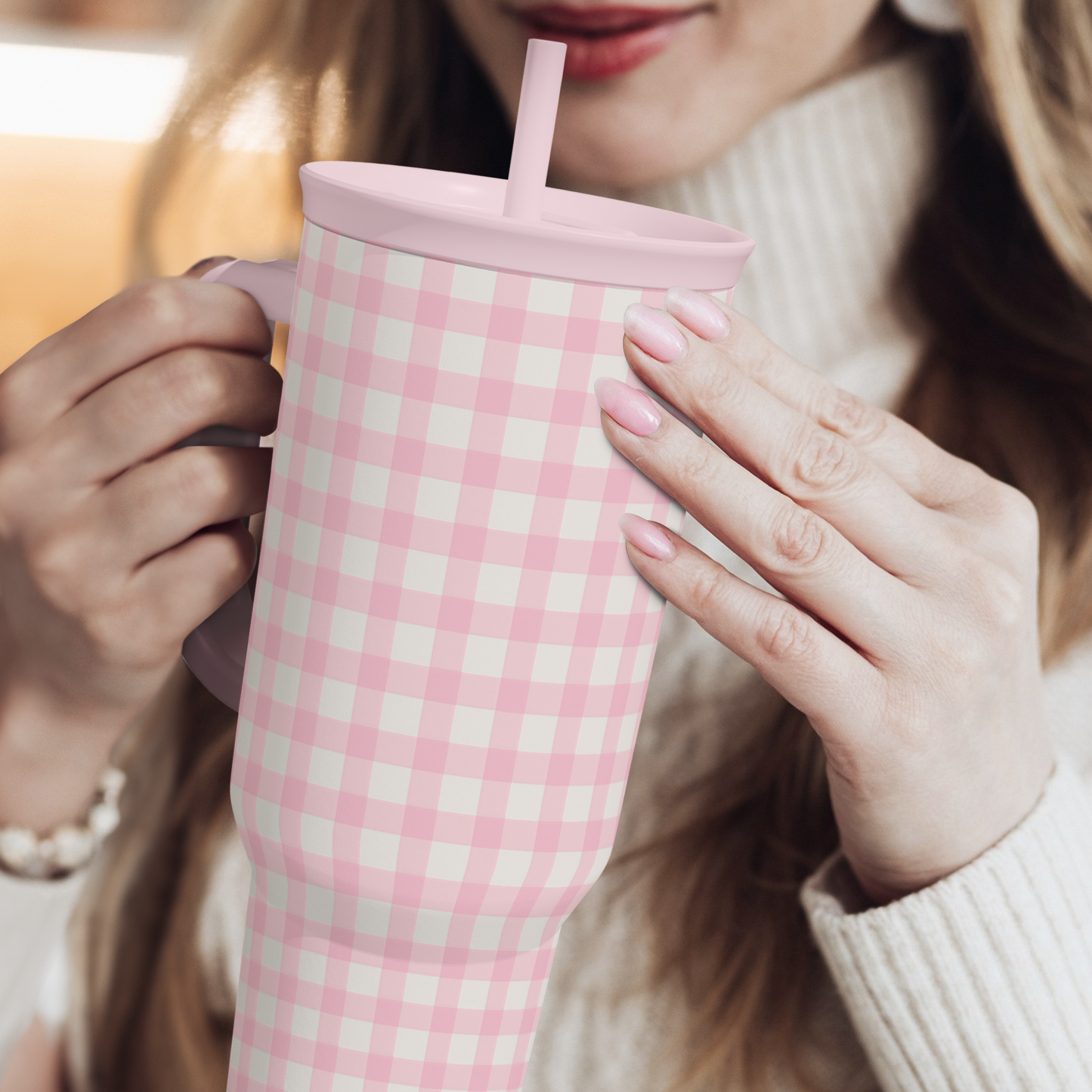 Pink Gingham 40 oz Tumbler with Handle & Straw – Insulated Slider Lid Travel Cup