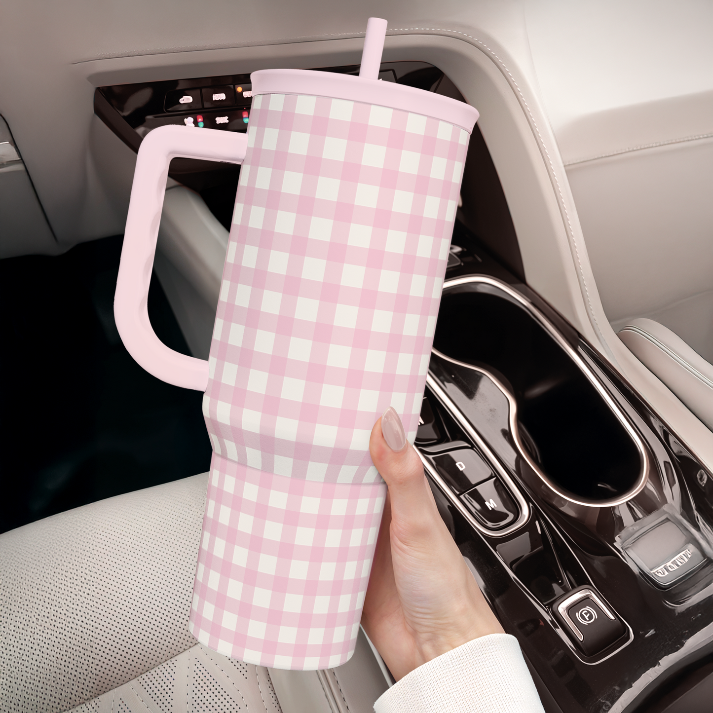Pink Gingham 40 oz Tumbler with Handle & Straw – Insulated Slider Lid Travel Cup
