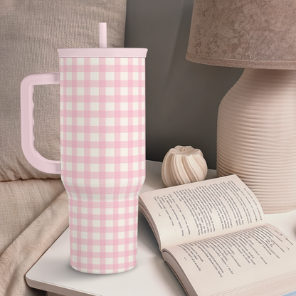 Pink Gingham 40 oz Tumbler with Handle & Straw – Insulated Slider Lid Travel Cup