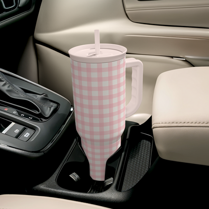 Pink Gingham 40 oz Tumbler with Handle & Straw – Insulated Slider Lid Travel Cup