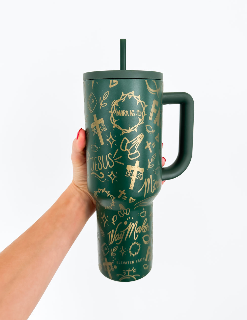 Green Print 40 oz Tumbler with Handle & Silicone Straw – Leak-Proof Insulated Travel Cup