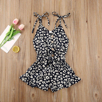 Toddler Girl Leopard Print Sleeveless Romper | Button Jumpsuit Ages 1–6
