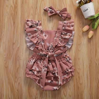 Baby Girl Floral Romper & Headband Set | Sleeveless Ruffle Jumpsuit for Newborns & Infants