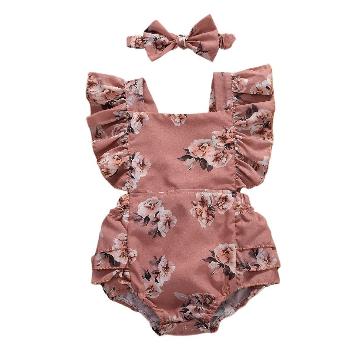 Baby Girl Floral Romper & Headband Set | Sleeveless Ruffle Jumpsuit for Newborns & Infants