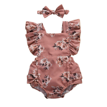 Baby Girl Floral Romper & Headband Set | Sleeveless Ruffle Jumpsuit for Newborns & Infants