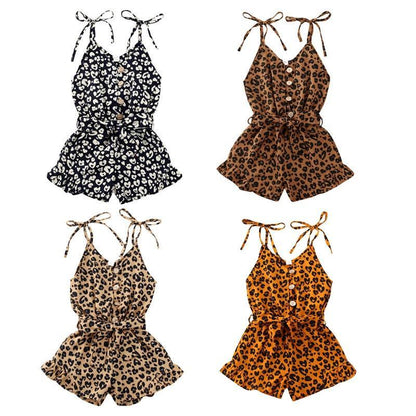 Toddler Girl Leopard Print Sleeveless Romper | Button Jumpsuit Ages 1–6