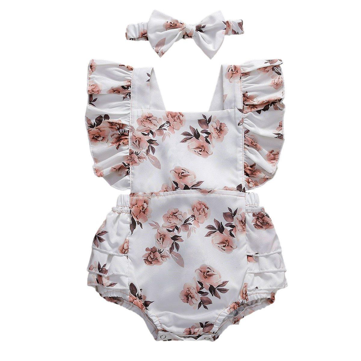 Baby Girl Floral Romper & Headband Set | Sleeveless Ruffle Jumpsuit for Newborns & Infants