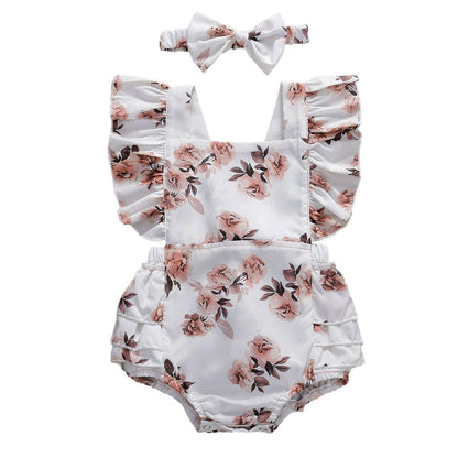 Baby Girl Floral Romper & Headband Set | Sleeveless Ruffle Jumpsuit for Newborns & Infants