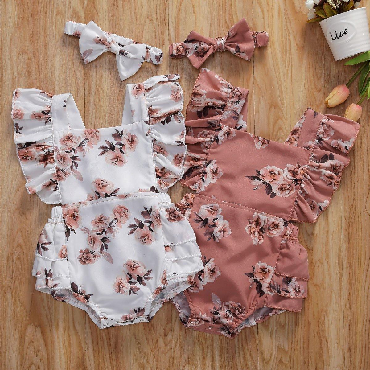 Baby Girl Floral Romper & Headband Set | Sleeveless Ruffle Jumpsuit for Newborns & Infants
