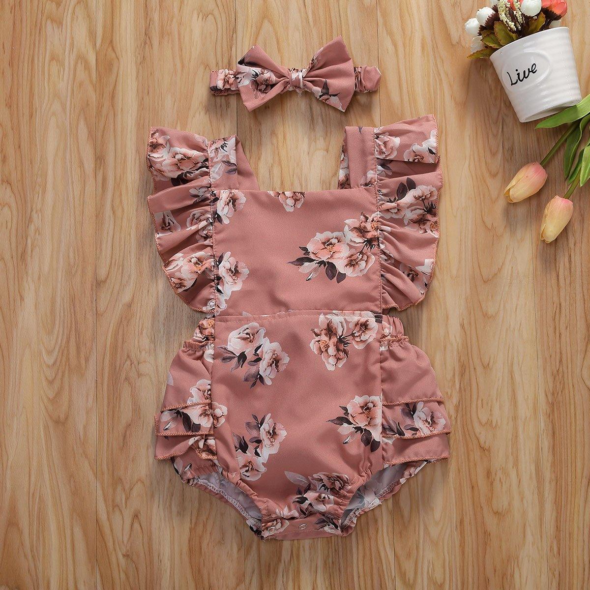 Baby Girl Floral Romper & Headband Set | Sleeveless Ruffle Jumpsuit for Newborns & Infants