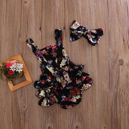 Baby Girl Floral Sleeveless Romper with Bow Headband
