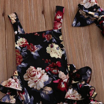 Baby Girl Floral Sleeveless Romper with Bow Headband