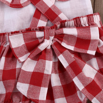 Baby Girl Plaid Ruffle Romper with Bow Headband