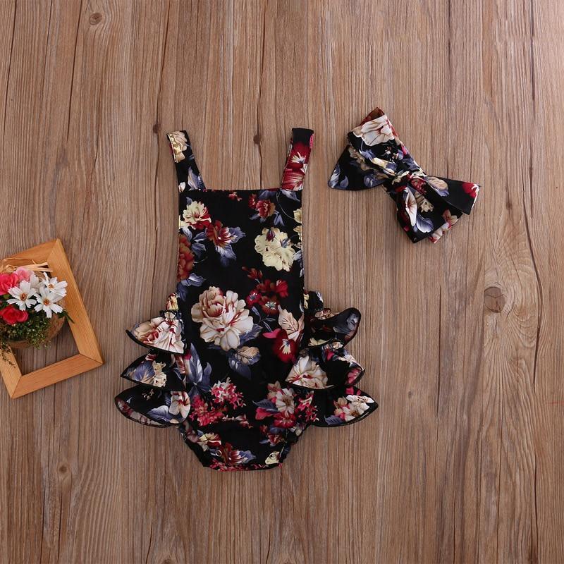 Baby Girl Floral Sleeveless Romper with Bow Headband