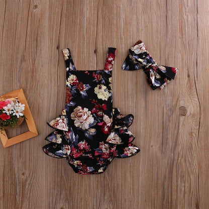 Baby Girl Floral Sleeveless Romper with Bow Headband