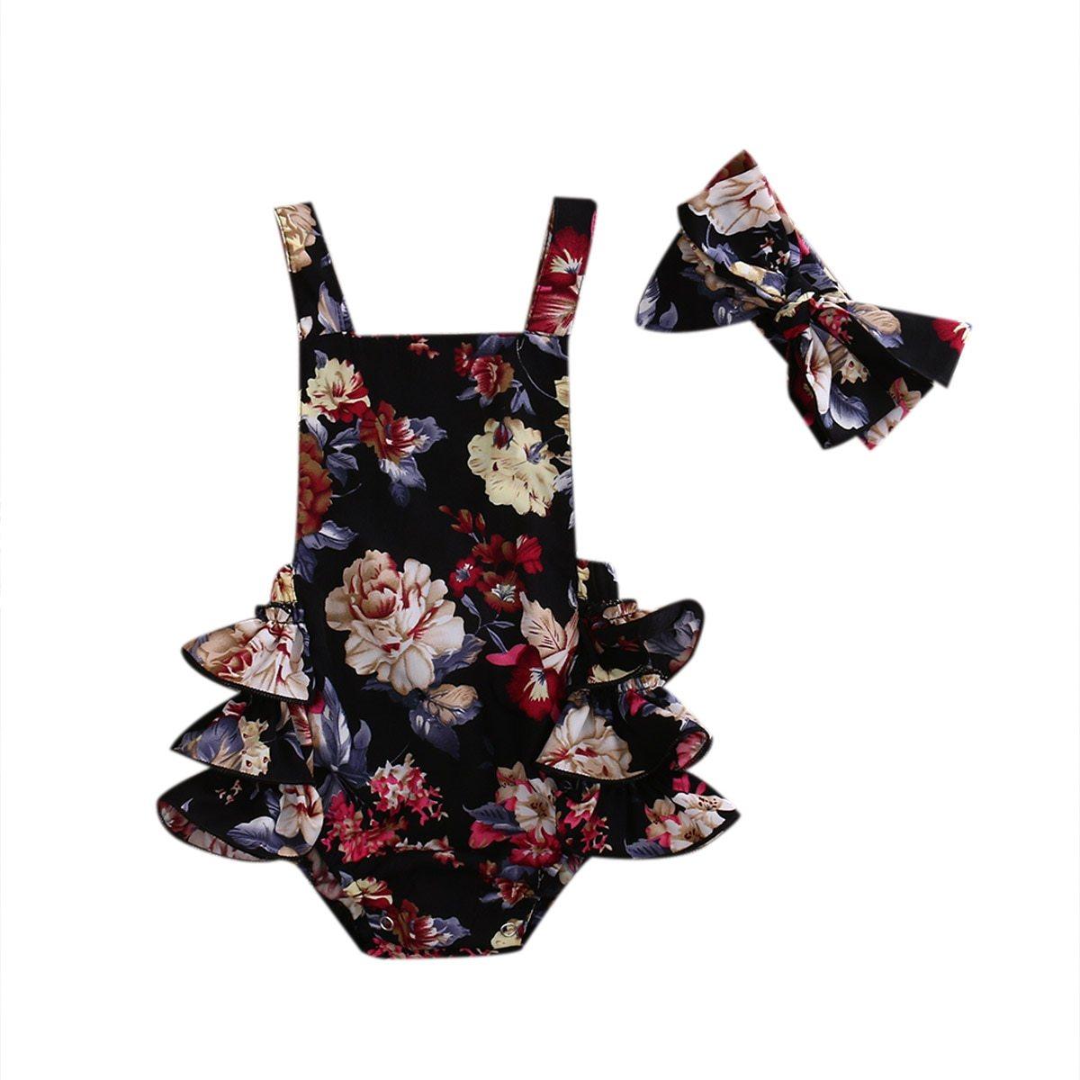 Baby Girl Floral Sleeveless Romper with Bow Headband