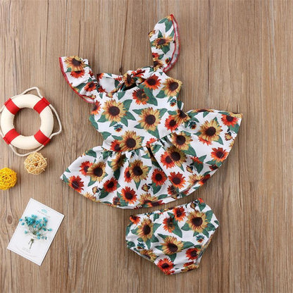 Newborn Baby Girls Outfits with Sunflower Top Dress Bottoms Bow Back Dress For Baby Girls