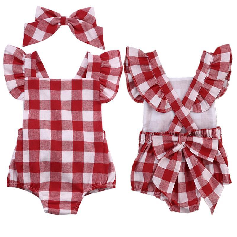 Baby Girl Plaid Ruffle Romper with Bow Headband