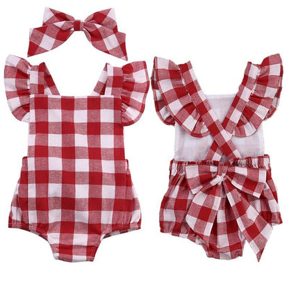 Baby Girl Plaid Ruffle Romper with Bow Headband