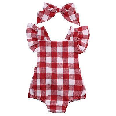 Baby Girl Plaid Ruffle Romper with Bow Headband