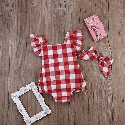 Baby Girl Plaid Ruffle Romper with Bow Headband