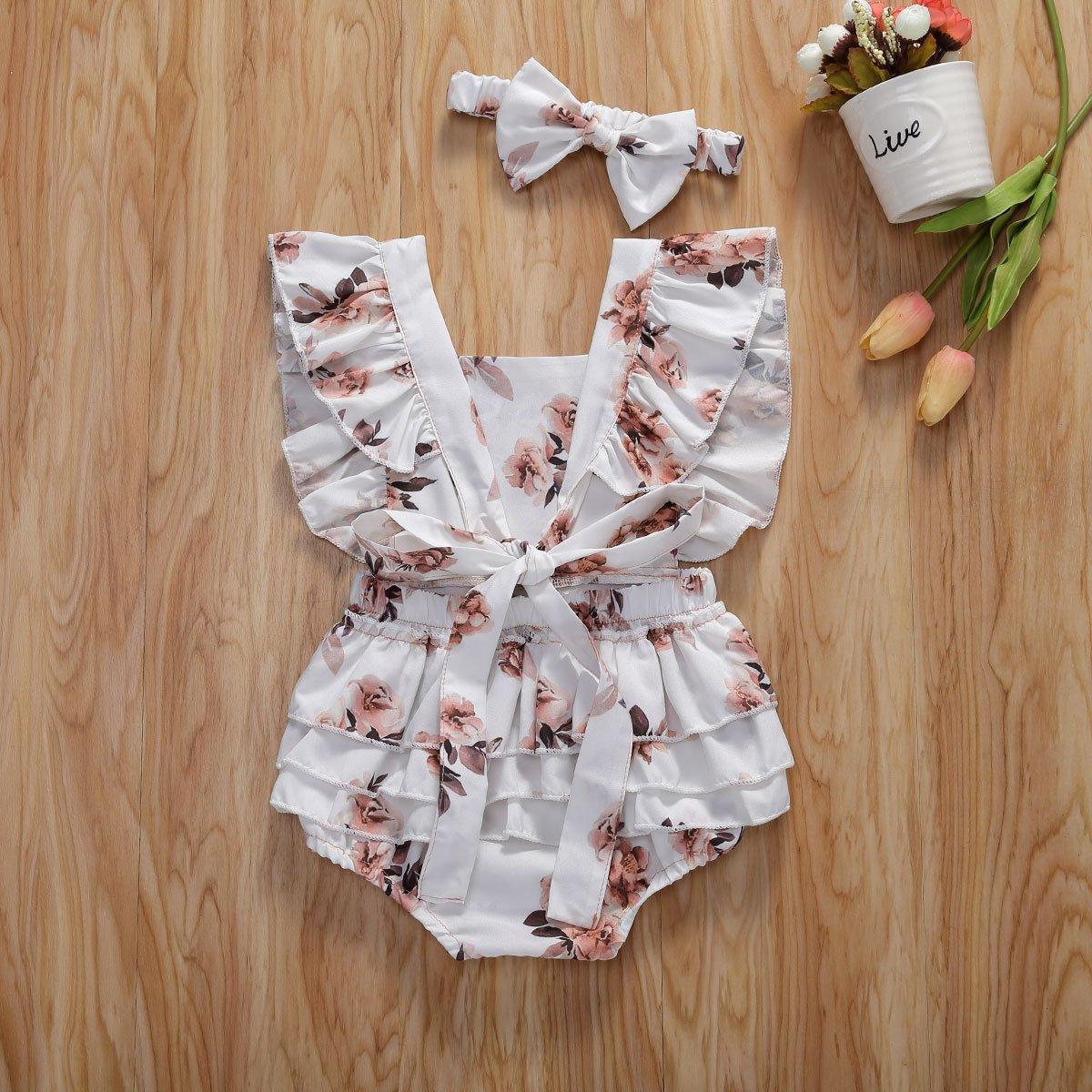 Baby Girl Floral Romper & Headband Set | Sleeveless Ruffle Jumpsuit for Newborns & Infants