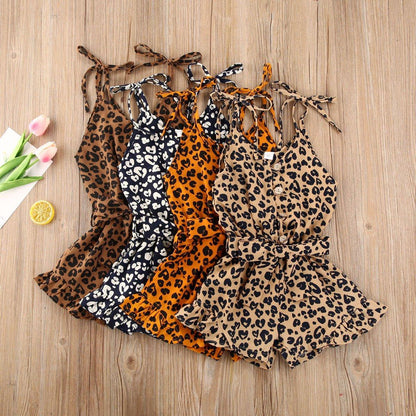 Toddler Girl Leopard Print Sleeveless Romper | Button Jumpsuit Ages 1–6