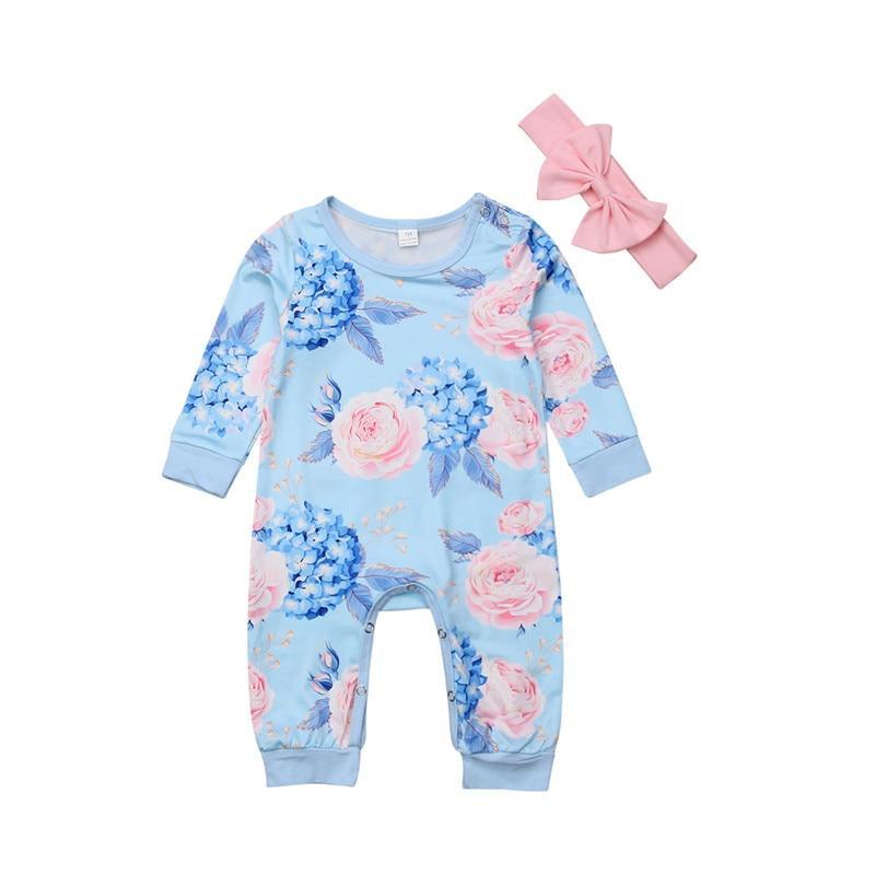 Baby Girl Floral Romper with Headband – Newborn to 24M