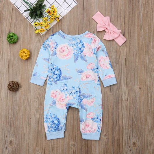 Baby Girl Floral Romper with Headband – Newborn to 24M