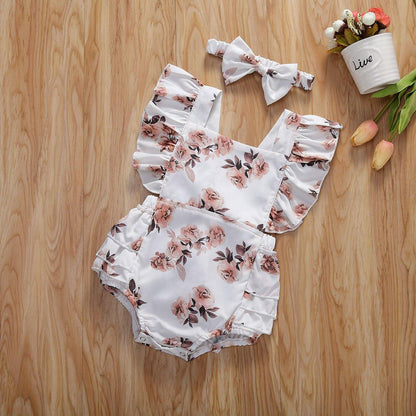 Baby Girl Floral Romper & Headband Set | Sleeveless Ruffle Jumpsuit for Newborns & Infants