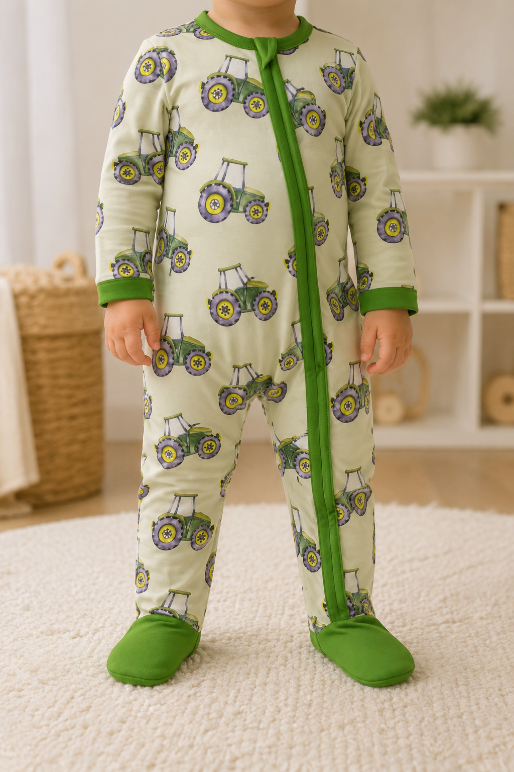 Baby Boy Tractor Farm Zip-Up Footed Coverall