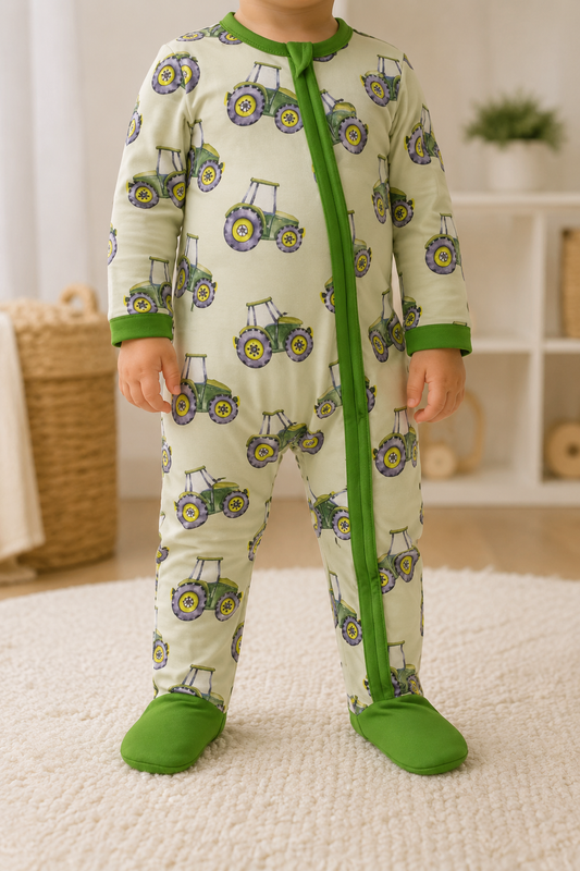 Baby Boy Tractor Farm Zip-Up Footed Coverall