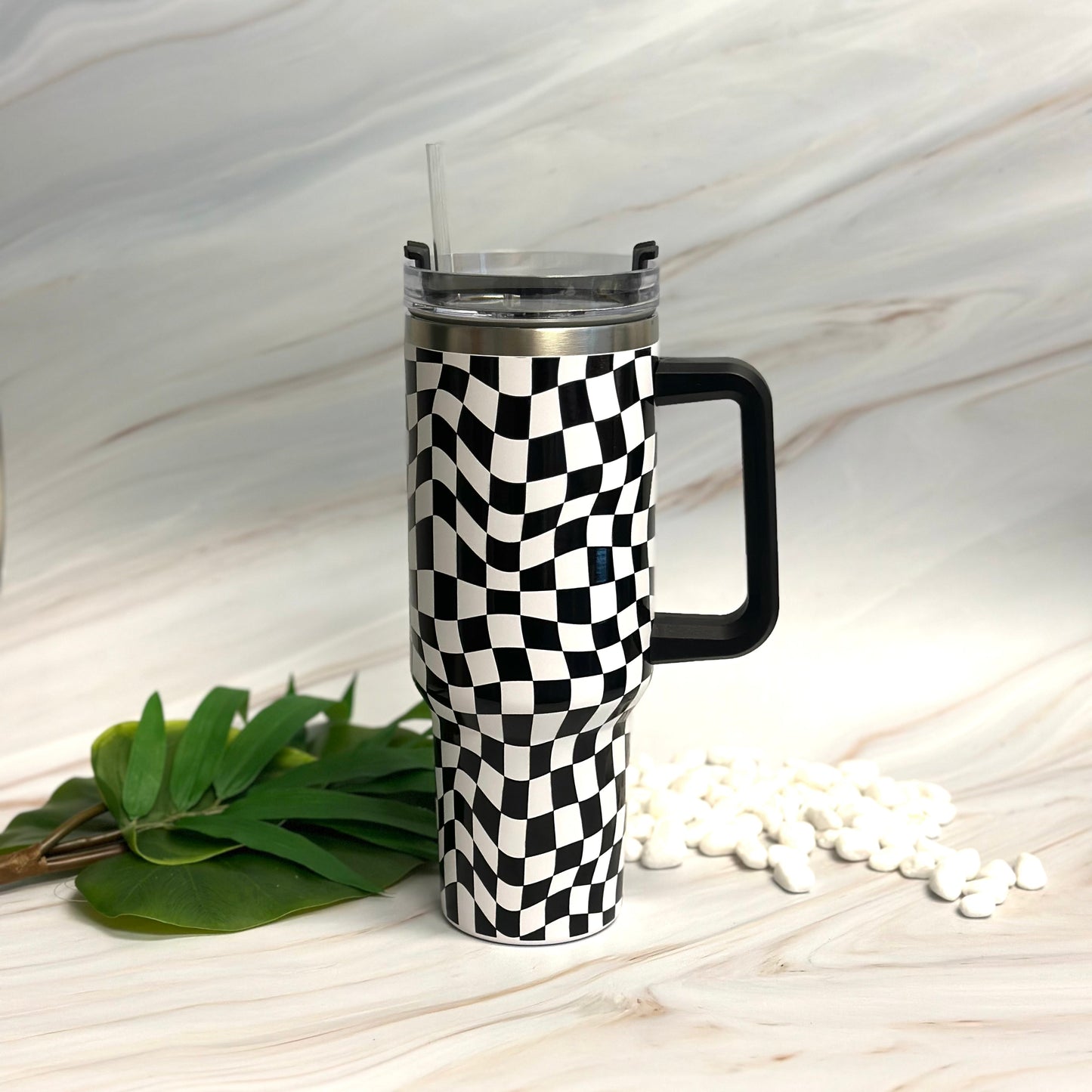 Checker Print 40 oz Water Cup with Handle & Straw – Large Insulated Tumbler