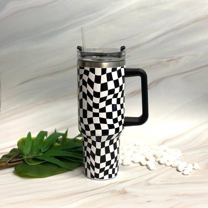 Checker Print 40 oz Water Cup with Handle & Straw – Large Insulated Tumbler
