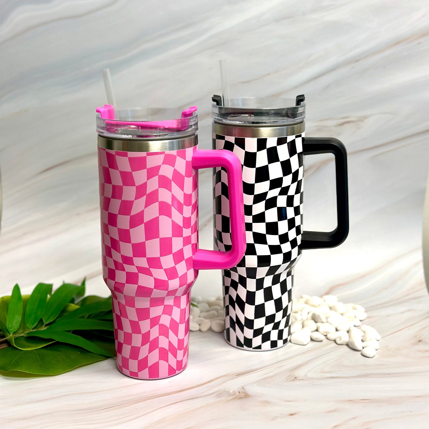 Checker Print 40 oz Water Cup with Handle & Straw – Large Insulated Tumbler