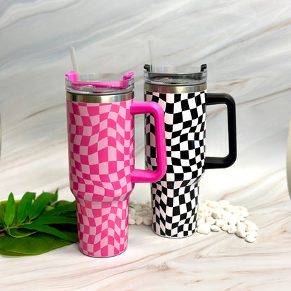 Checker Print 40 oz Water Cup with Handle & Straw – Large Insulated Tumbler