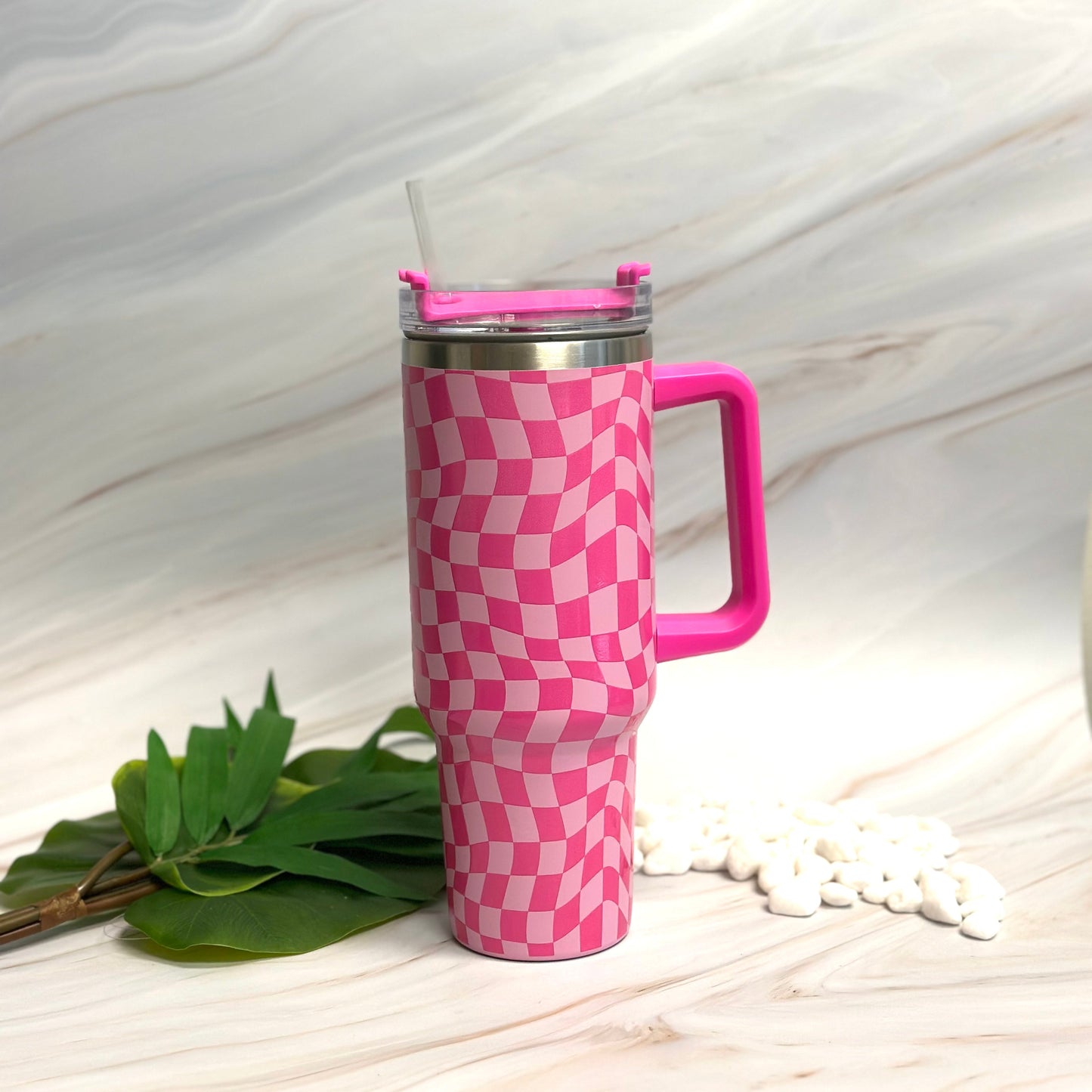 Checker Print 40 oz Water Cup with Handle & Straw – Large Insulated Tumbler