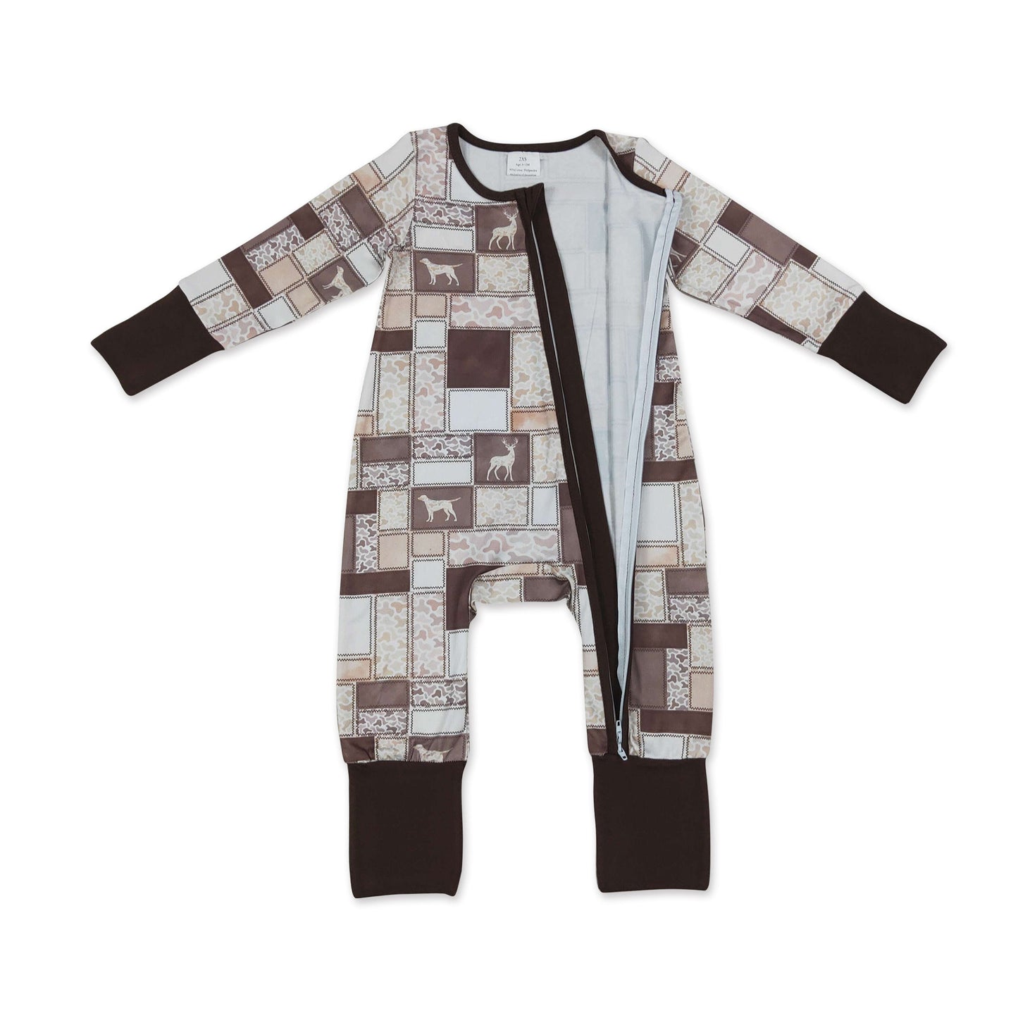 Baby Boy Brown Camo Hunting Dog Zip-Up Romper