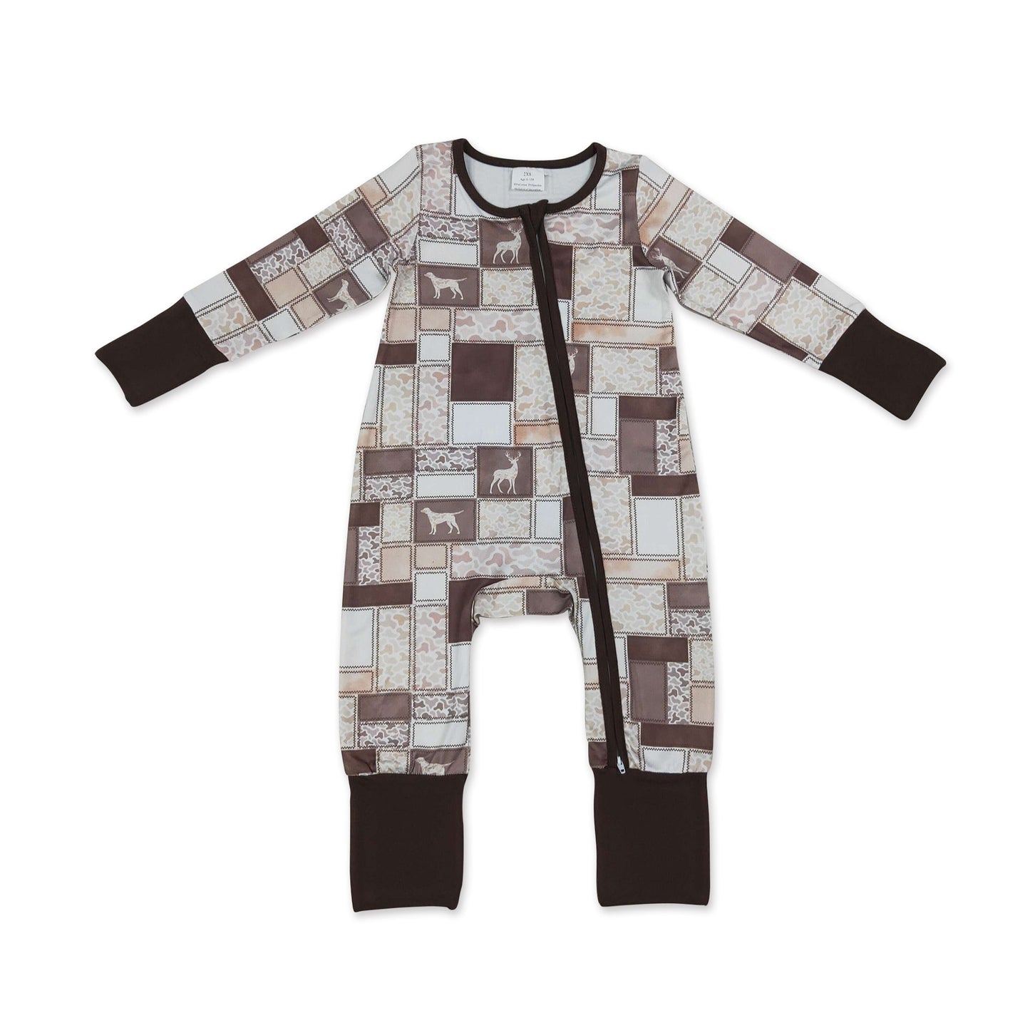 Baby Boy Brown Camo Hunting Dog Zip-Up Romper