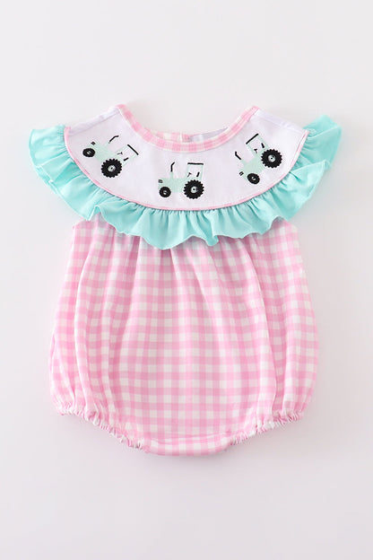 Girls Pink Tractor Embroidery Plaid Bubble Romper