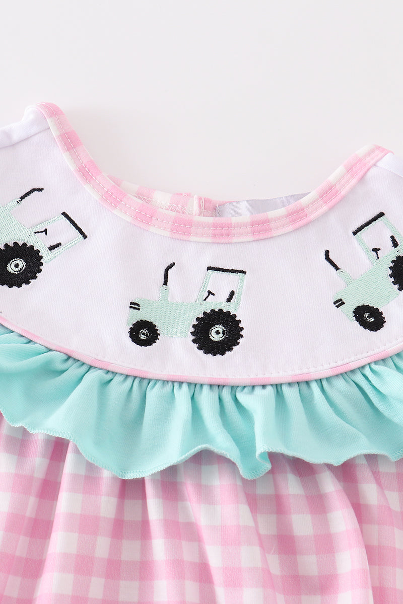Girls Pink Tractor Embroidery Plaid Bubble Romper