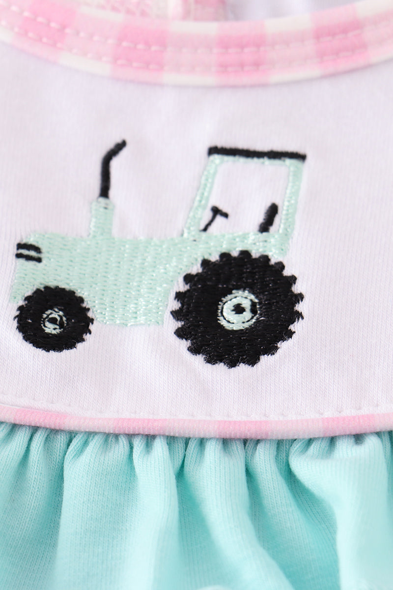 Girls Pink Tractor Embroidery Plaid Bubble Romper