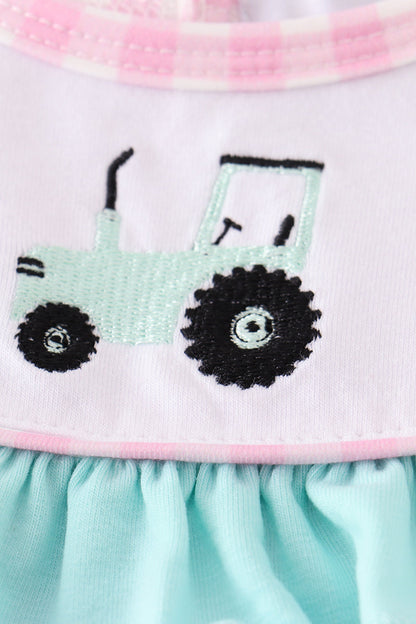 Girls Pink Tractor Embroidery Plaid Bubble Romper