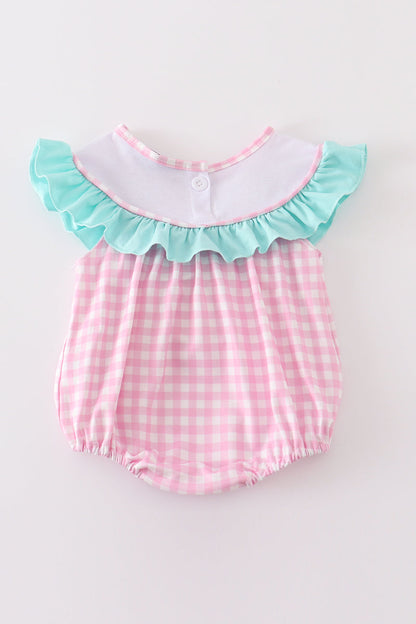 Girls Pink Tractor Embroidery Plaid Bubble Romper