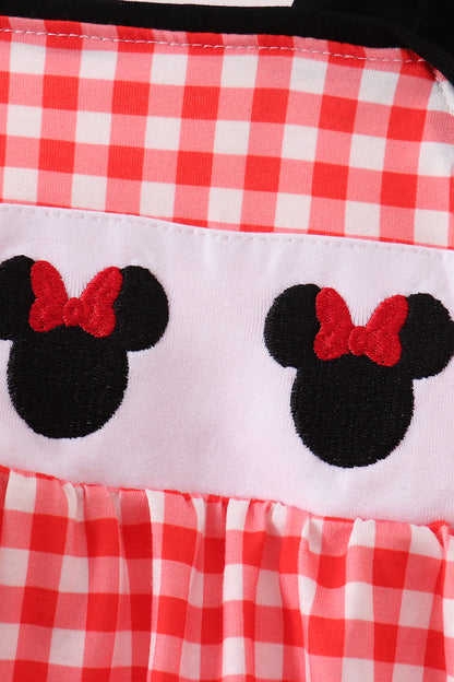 Girls' Character Embroidered Red Plaid Bubble Jacket