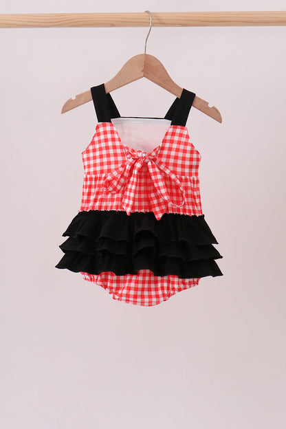 Girls' Character Embroidered Red Plaid Bubble Jacket